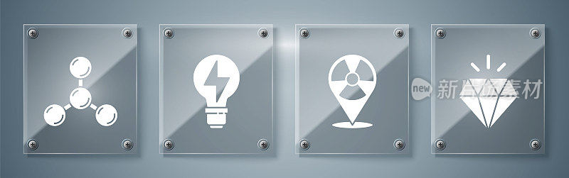 Set Diamond, Radioactive in location, Light bulb with lightning and Molecule. Square glass panels. Vector